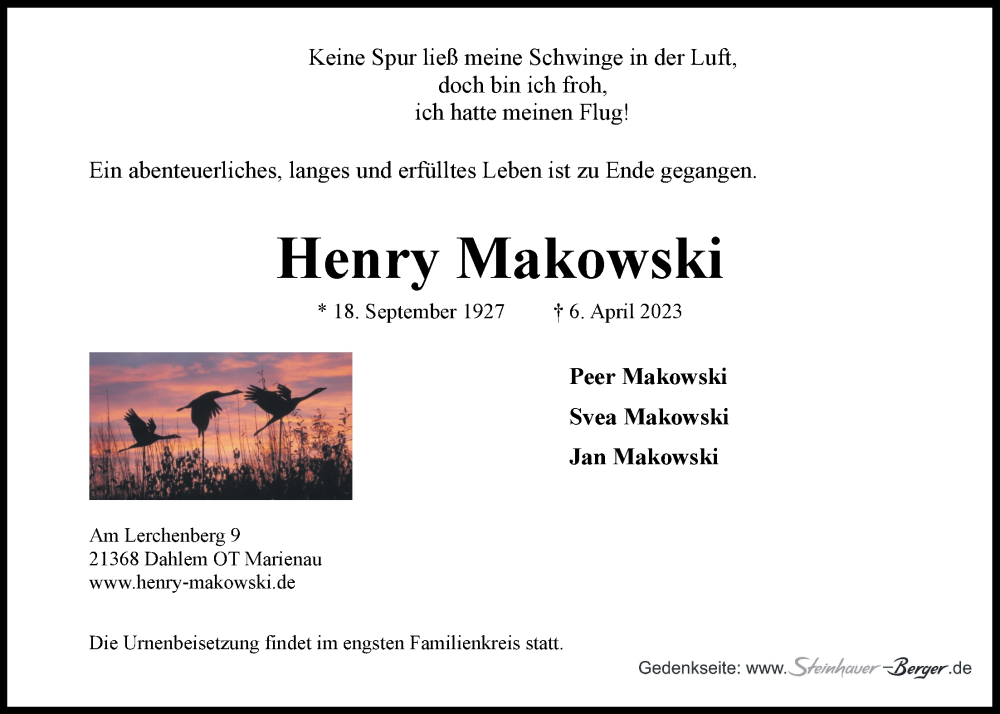  Traueranzeige für Henry Makowski vom 15.04.2023 aus LZ