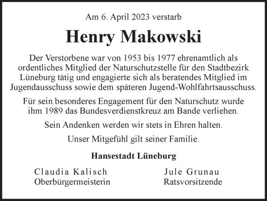 Anzeige von Henry Makowski von LZ