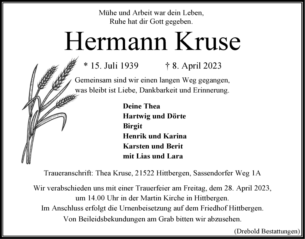  Traueranzeige für Hermann Kruse vom 22.04.2023 aus LZ