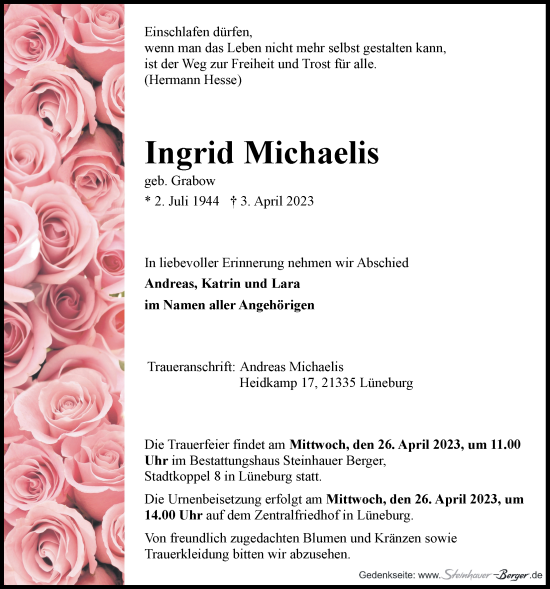 Anzeige von Ingrid Michaelis von LZ