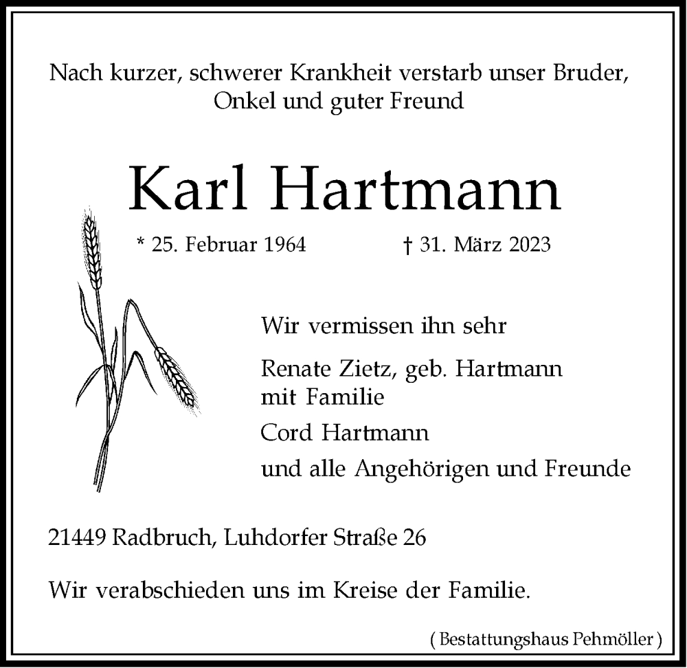  Traueranzeige für Karl Hartmann vom 08.04.2023 aus LZ