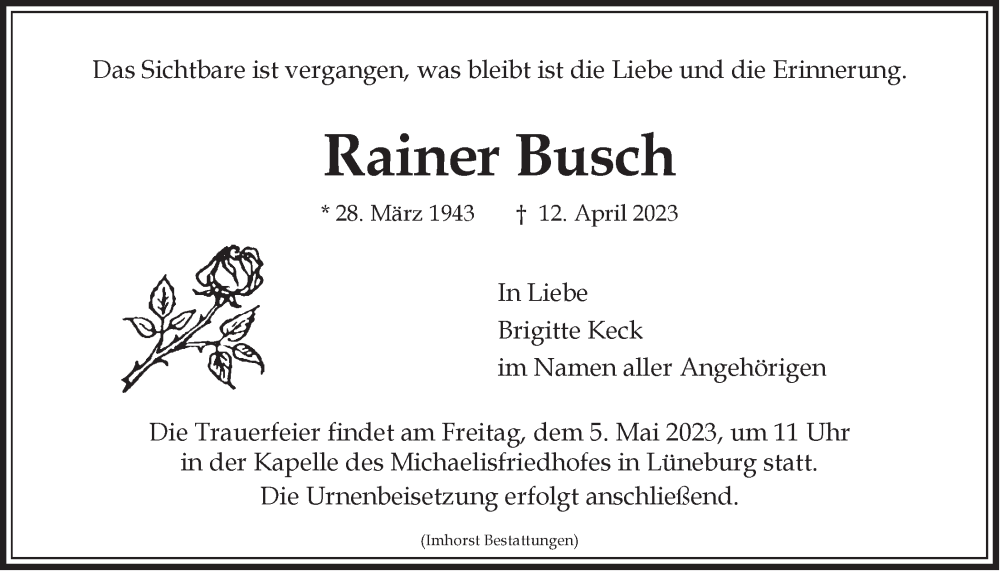  Traueranzeige für Rainer Busch vom 29.04.2023 aus LZ