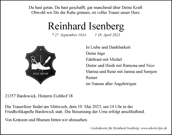 Anzeige von Reinhard Isenberg von LZ