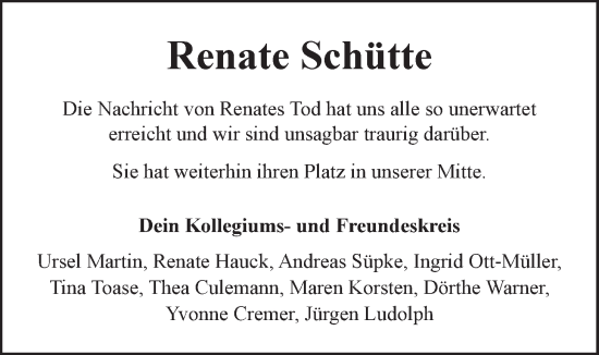 Anzeige von Renate Schütte von LZ