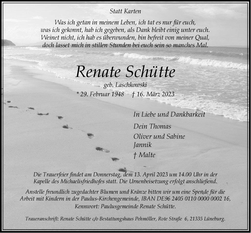  Traueranzeige für Renate Schütte vom 08.04.2023 aus LZ