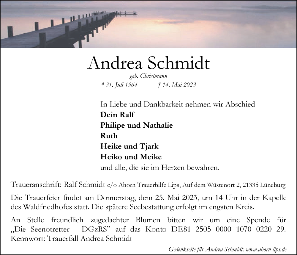  Traueranzeige für Andrea Schmidt vom 20.05.2023 aus LZ