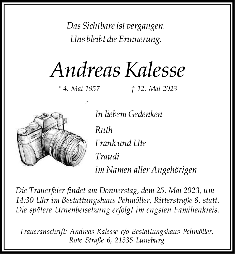  Traueranzeige für Andreas Kalesse vom 20.05.2023 aus LZ