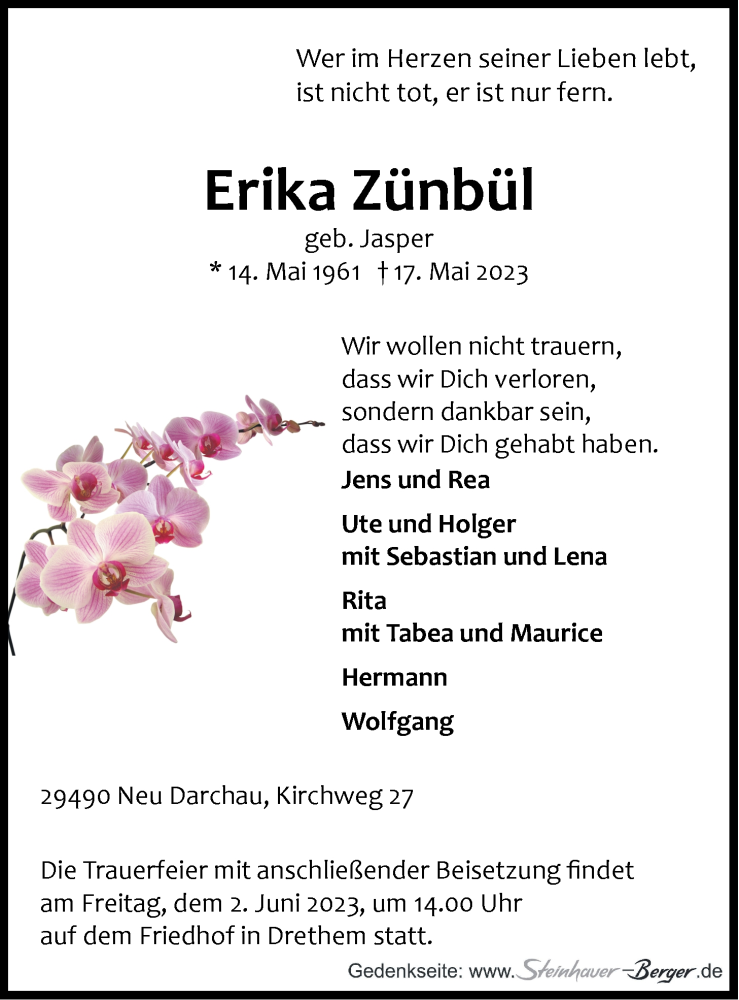  Traueranzeige für Erika Zünbül vom 24.05.2023 aus LZ