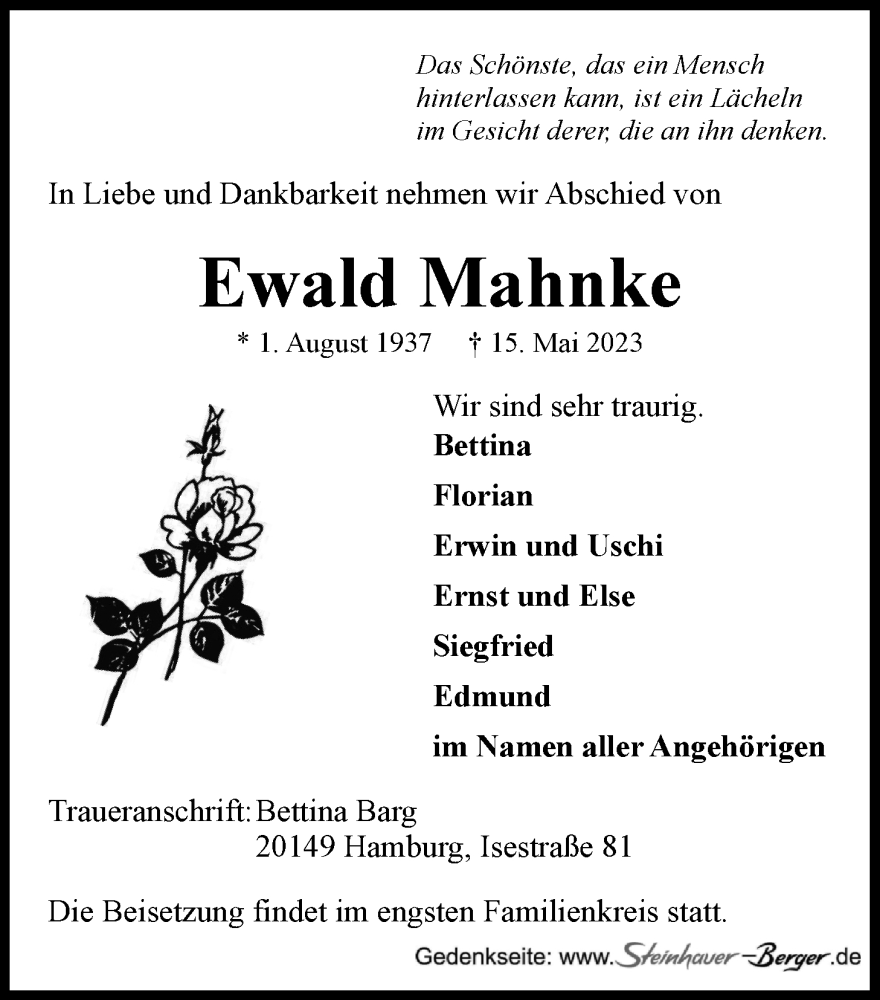  Traueranzeige für Ewald Mahnke vom 20.05.2023 aus LZ