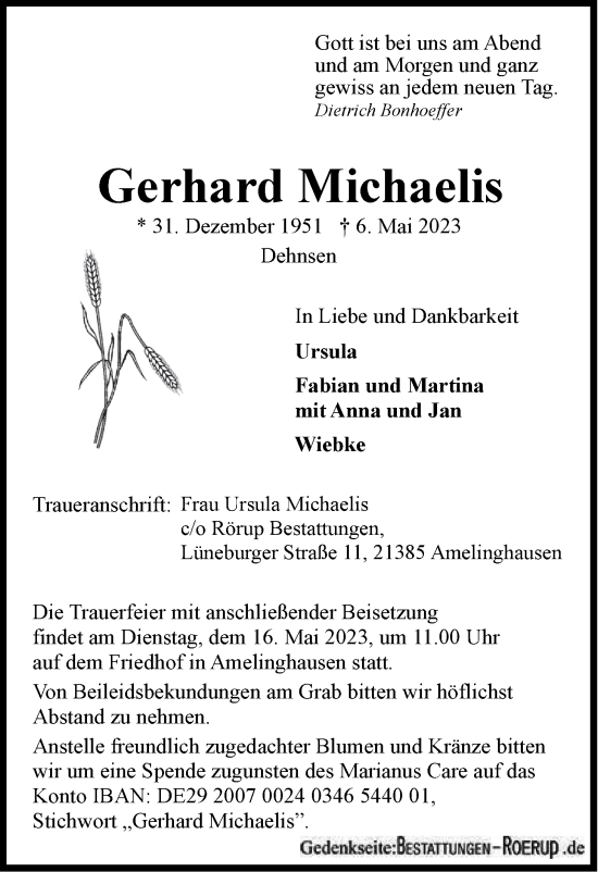 Anzeige von Gerhard Michaelis von LZ