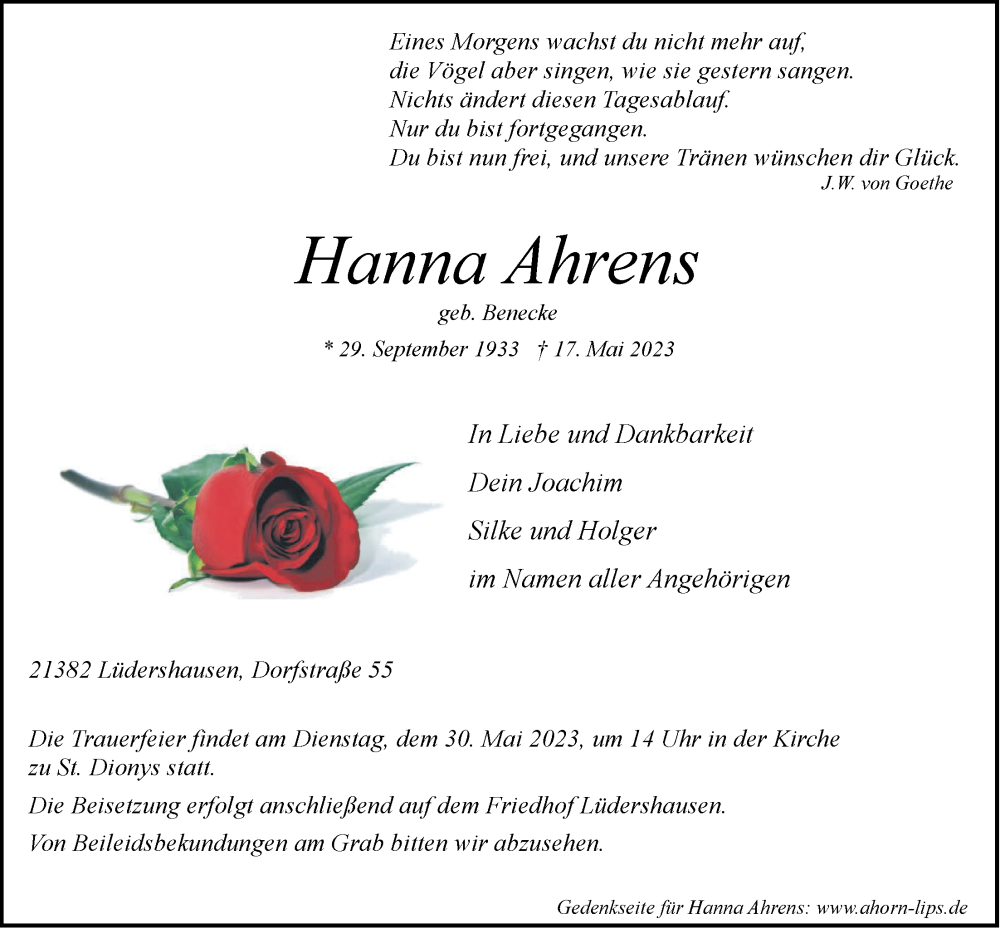  Traueranzeige für Hanna Ahrens vom 24.05.2023 aus LZ