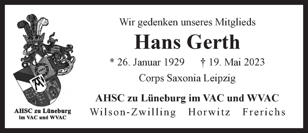  Traueranzeige für Hans Gerth vom 27.05.2023 aus LZ