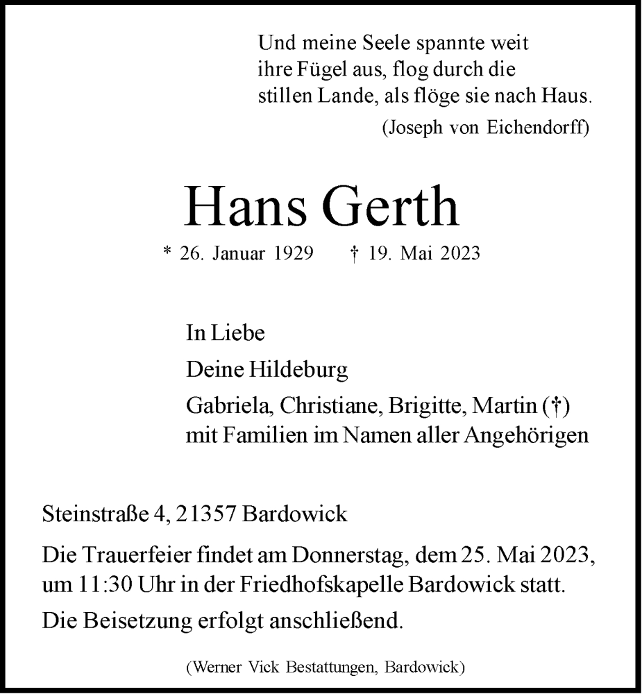  Traueranzeige für Hans Gerth vom 23.05.2023 aus LZ