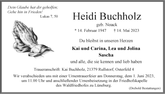 Anzeige von Heidi Buchholz von LZ