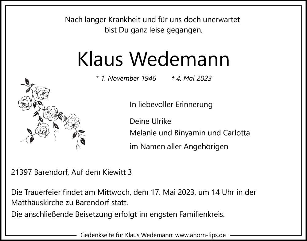  Traueranzeige für Klaus Wedemann vom 13.05.2023 aus LZ