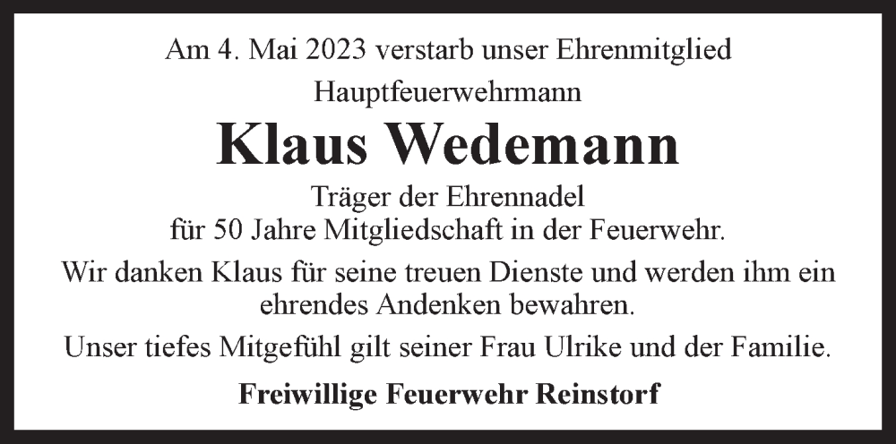  Traueranzeige für Klaus Wedemann vom 13.05.2023 aus LZ