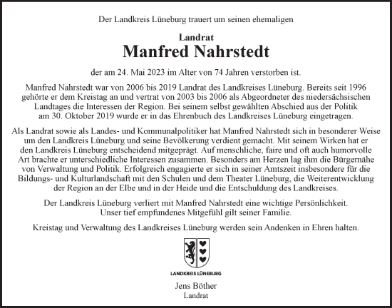 Anzeige von Manfred Nahrstedt von LZ