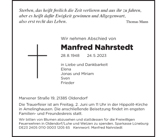 Anzeige von Manfred Nahrstedt von LZ