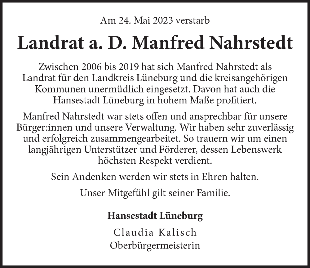  Traueranzeige für Manfred Nahrstedt vom 27.05.2023 aus LZ