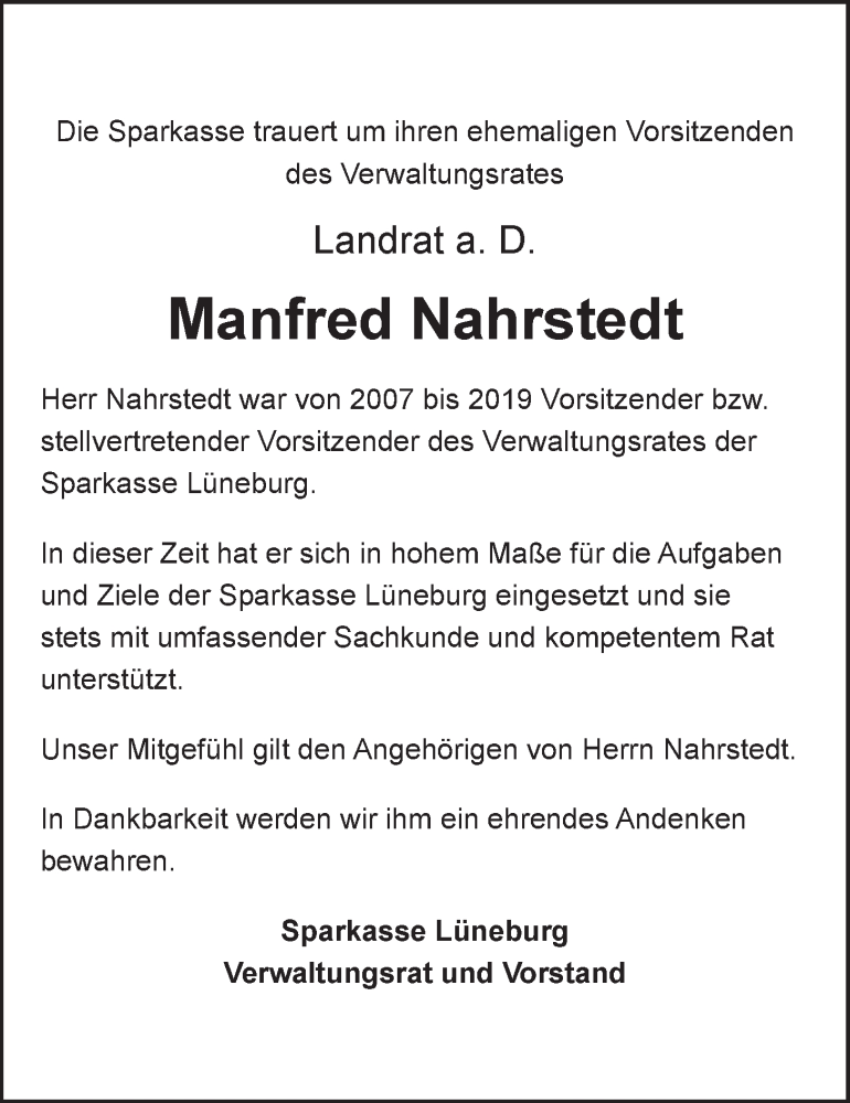  Traueranzeige für Manfred Nahrstedt vom 27.05.2023 aus LZ