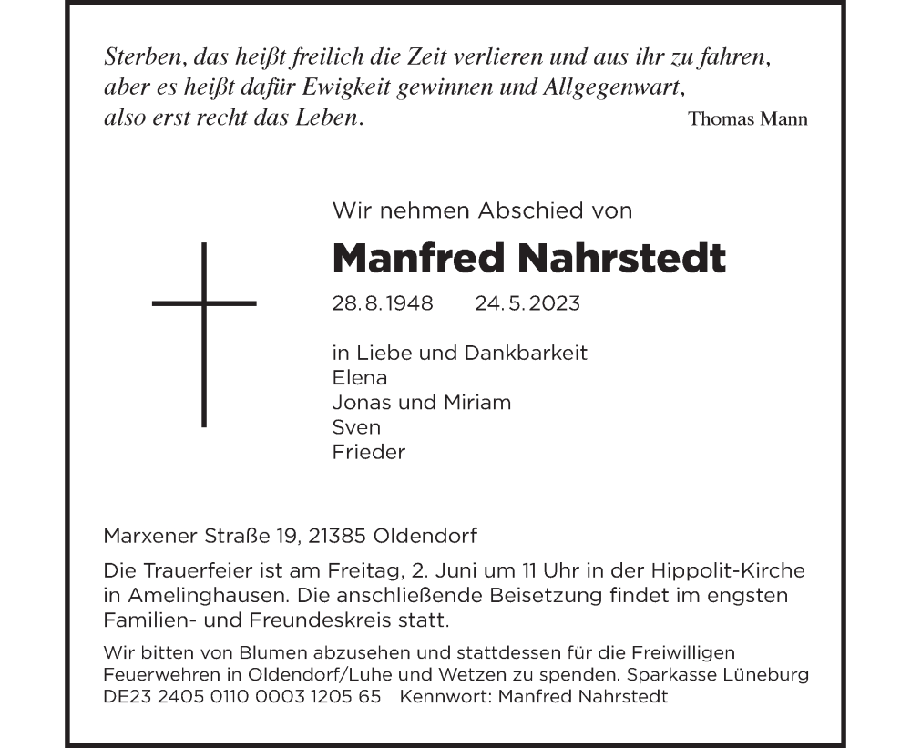  Traueranzeige für Manfred Nahrstedt vom 27.05.2023 aus LZ