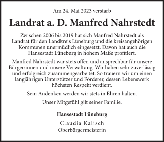 Anzeige von Manfred Nahrstedt von LZ