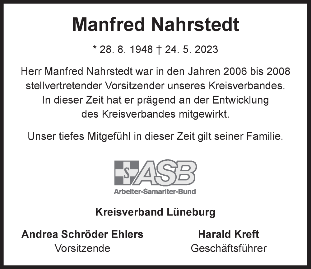  Traueranzeige für Manfred Nahrstedt vom 27.05.2023 aus LZ