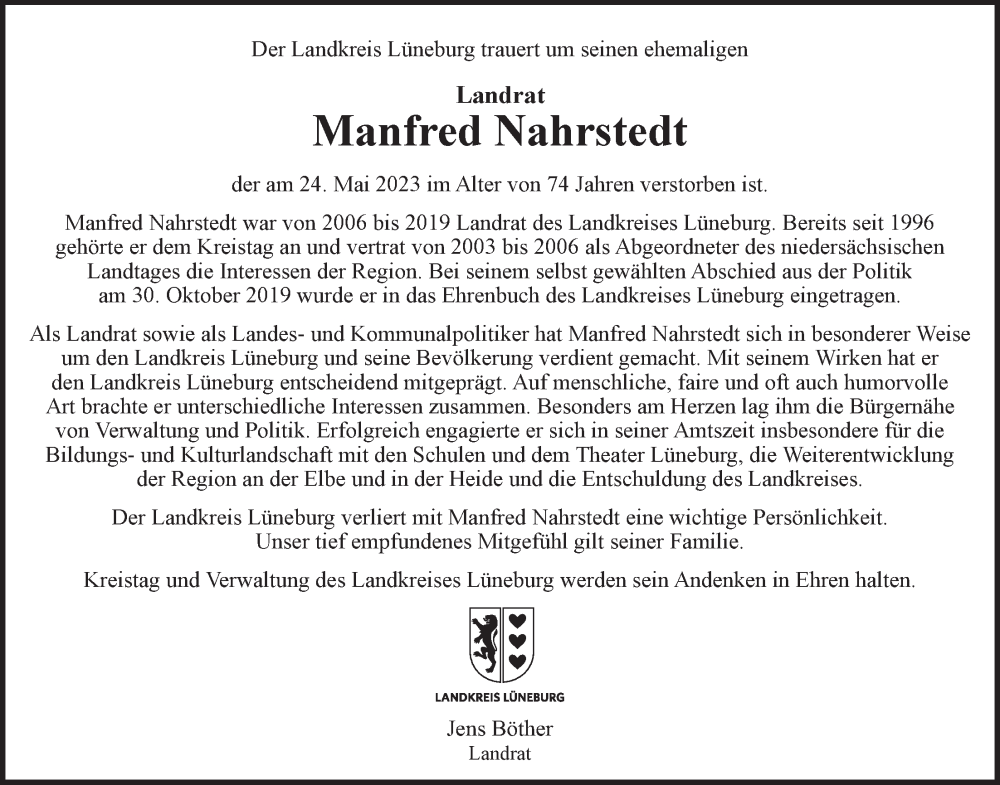  Traueranzeige für Manfred Nahrstedt vom 27.05.2023 aus LZ