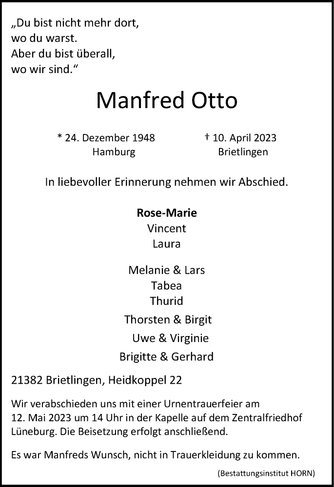  Traueranzeige für Manfred Otto vom 06.05.2023 aus LZ