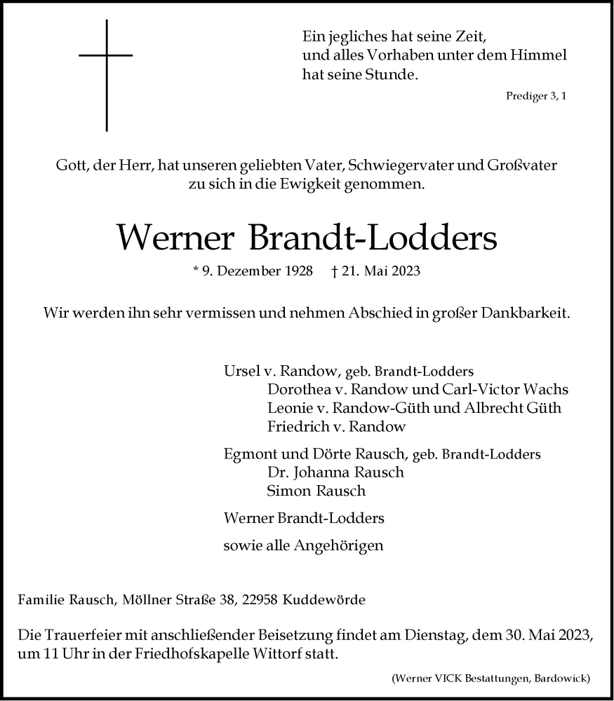  Traueranzeige für Werner Brandt-Lodders vom 24.05.2023 aus LZ