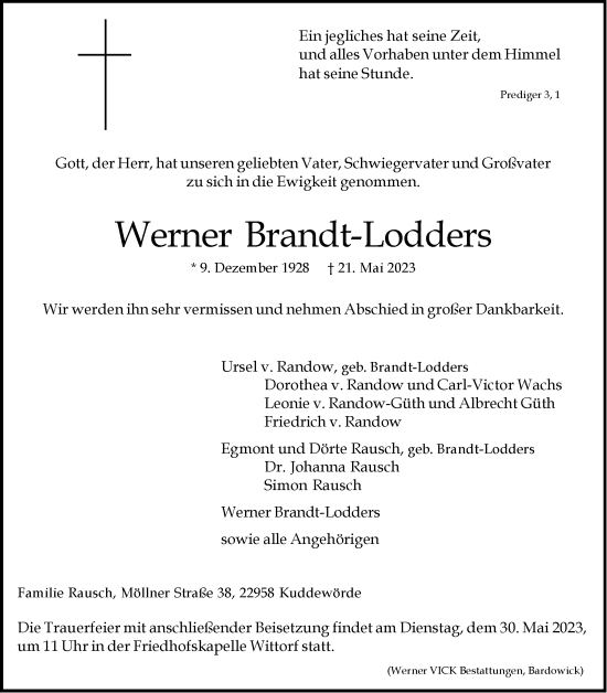 Anzeige von Werner Brandt-Lodders von LZ