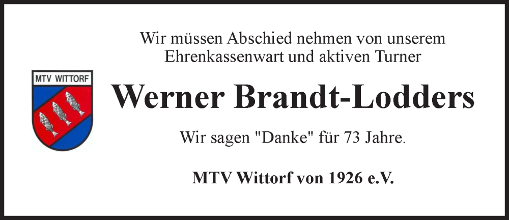  Traueranzeige für Werner Brandt-Lodders vom 24.05.2023 aus LZ