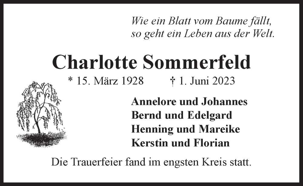 Traueranzeigen von Charlotte Sommerfeld TrauerLüneburg.de