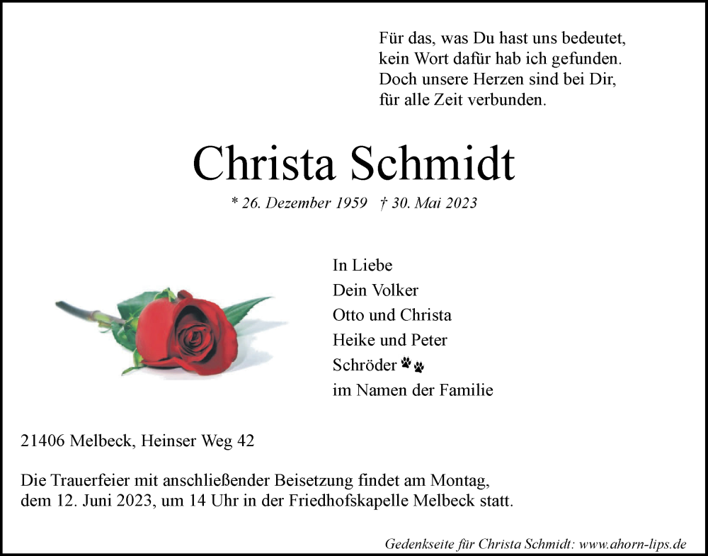  Traueranzeige für Christa Schmidt vom 03.06.2023 aus LZ