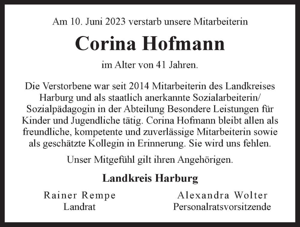  Traueranzeige für Corina Hofmann vom 29.06.2023 aus LZ
