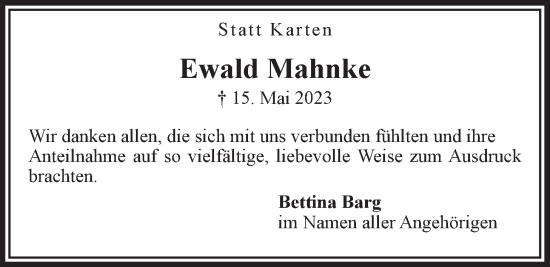 Anzeige von Ewald Mahnke von LZ