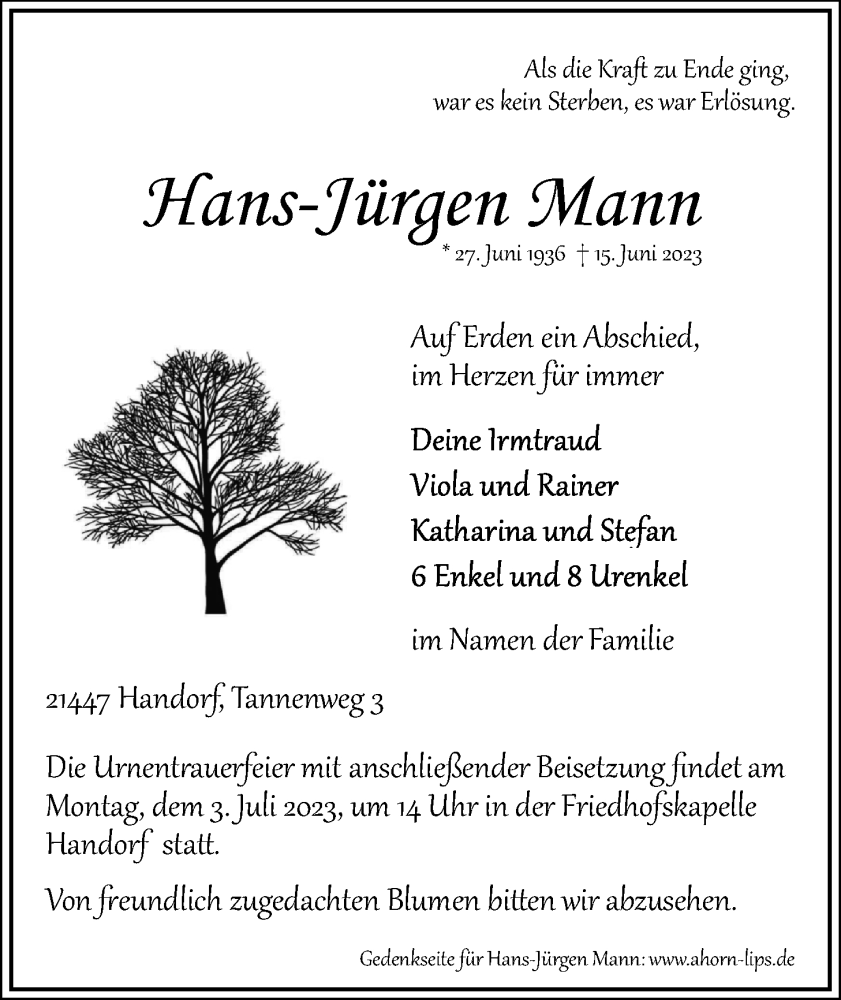  Traueranzeige für Hans-Jürgen Mann vom 24.06.2023 aus LZ