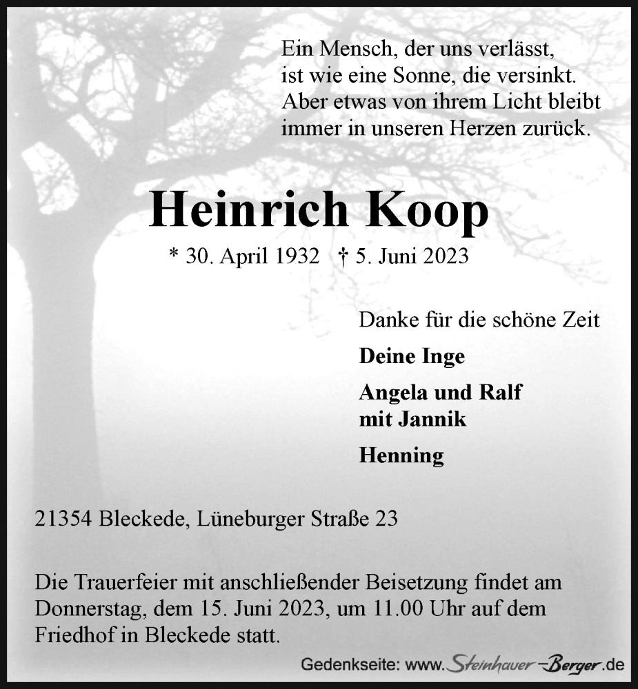  Traueranzeige für Heinrich Koop vom 10.06.2023 aus LZ