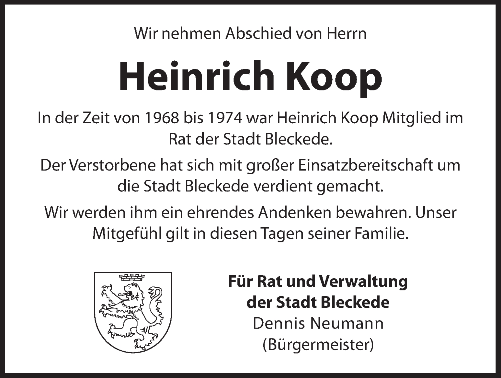  Traueranzeige für Heinrich Koop vom 10.06.2023 aus LZ