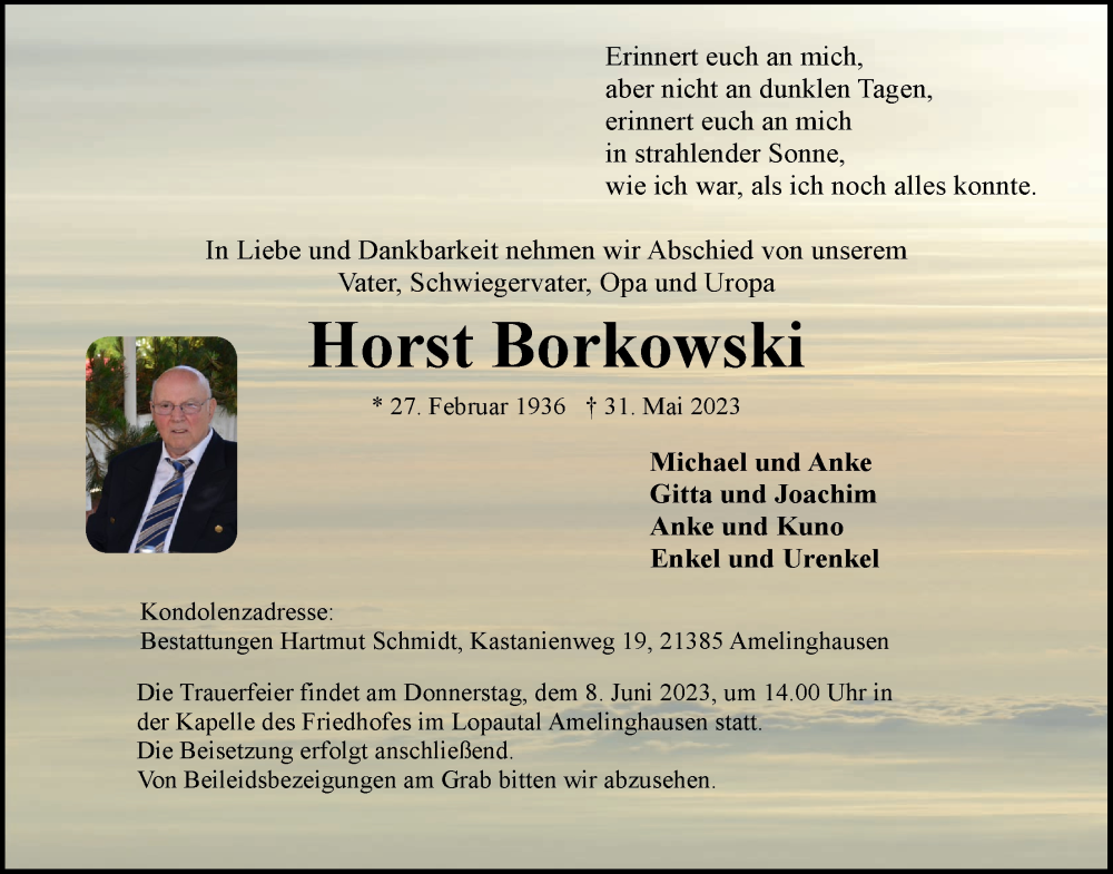  Traueranzeige für Horst Borkowski vom 03.06.2023 aus LZ