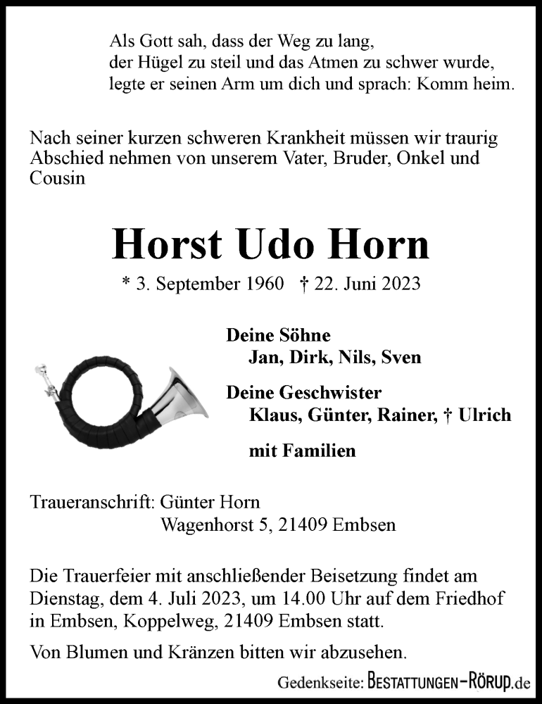  Traueranzeige für Horst Udo Horn vom 29.06.2023 aus LZ