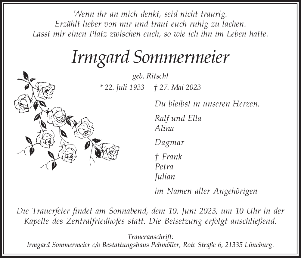 Traueranzeige für Irmgard Sommermeier vom 03.06.2023 aus LZ
