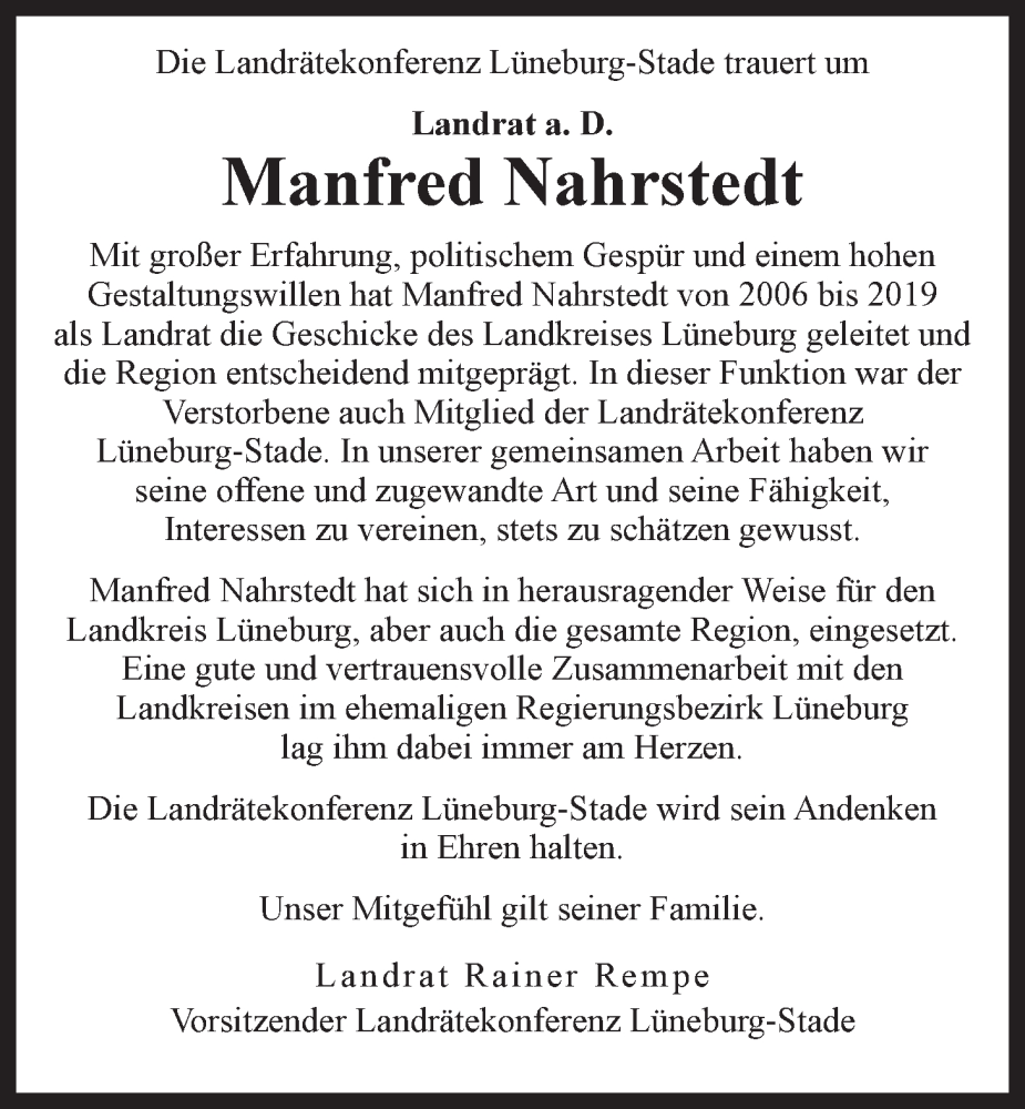  Traueranzeige für Manfred Nahrstedt vom 31.05.2023 aus LZ