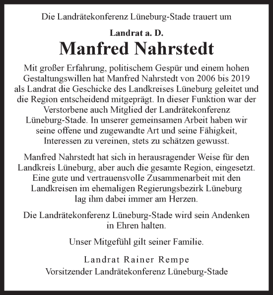 Anzeige von Manfred Nahrstedt von LZ