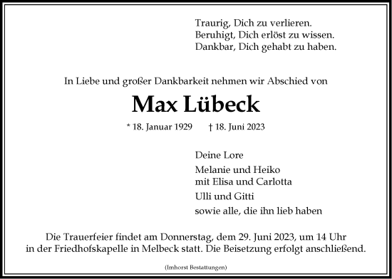 Anzeige von Max Lübeck von LZ