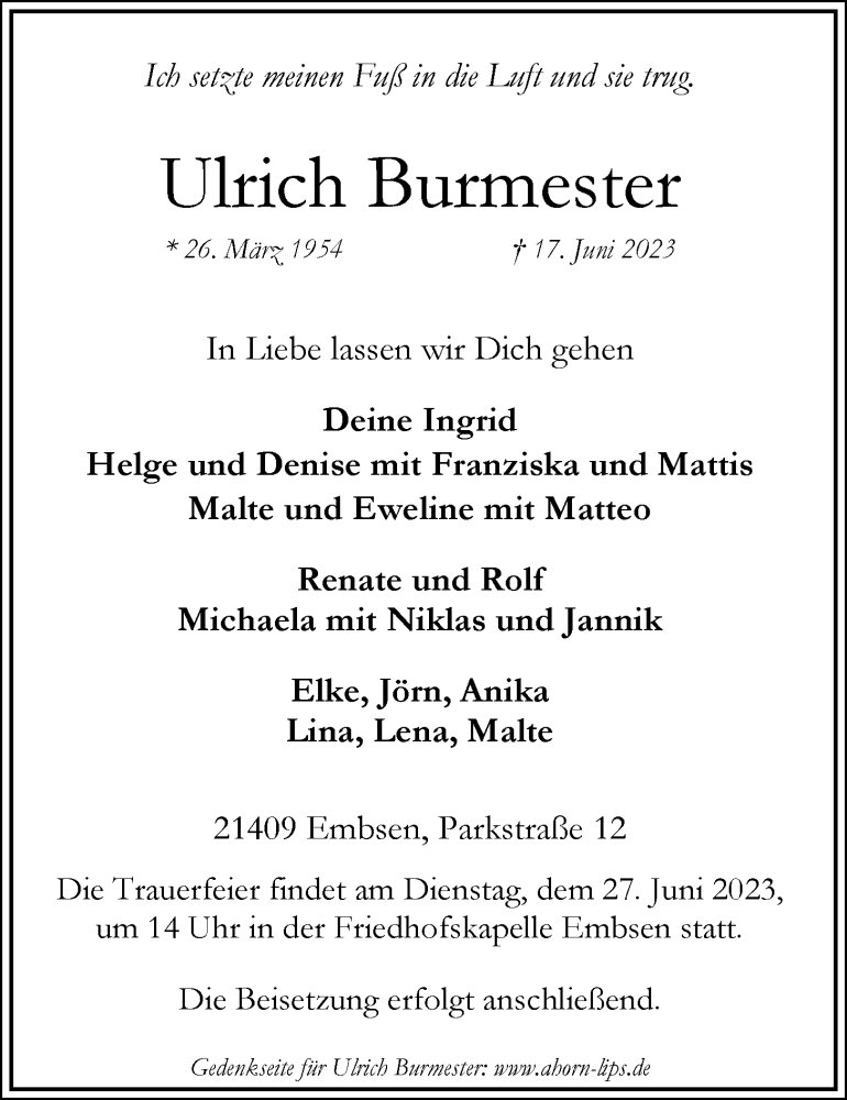  Traueranzeige für Ulrich Burmester vom 22.06.2023 aus LZ