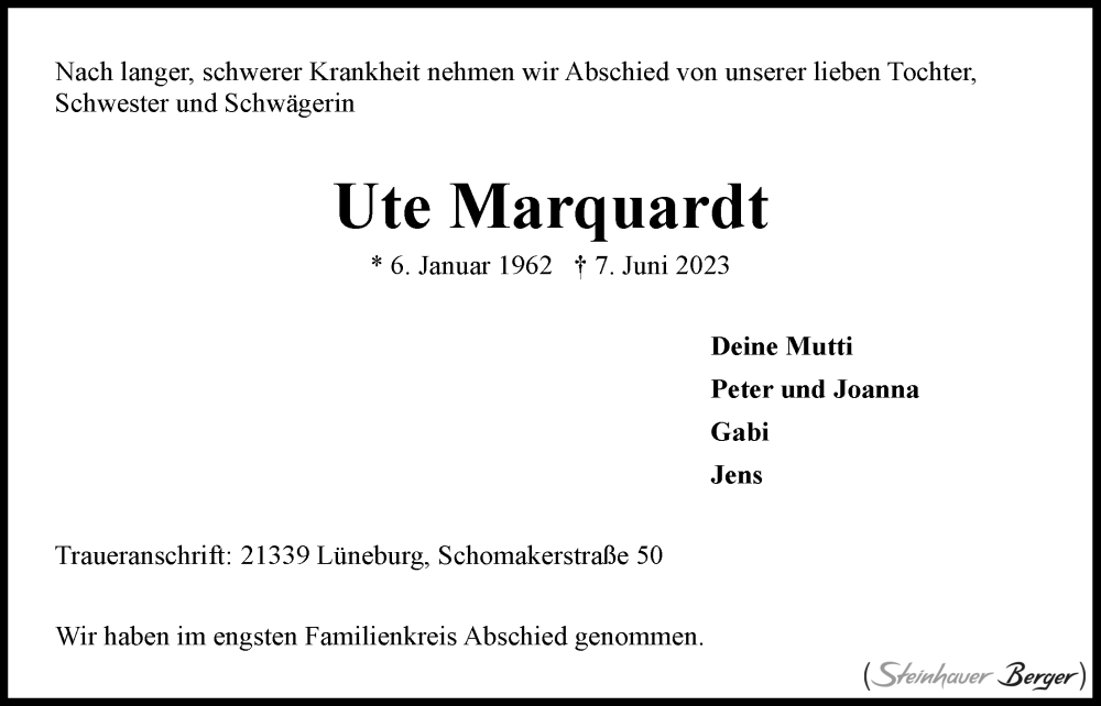  Traueranzeige für Ute Marquardt vom 17.06.2023 aus LZ