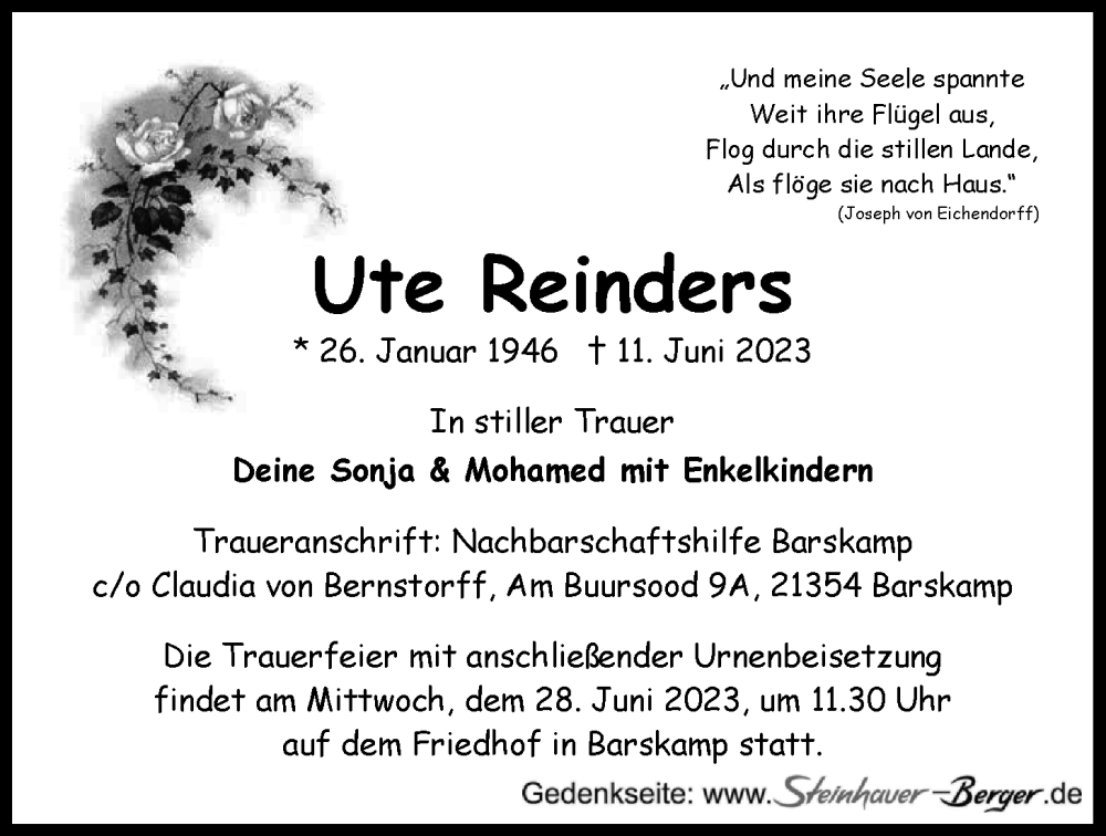  Traueranzeige für Ute Reinders vom 21.06.2023 aus LZ