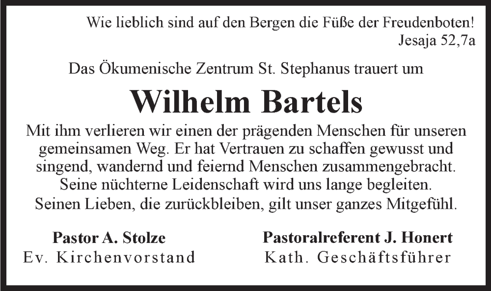  Traueranzeige für Wilhelm Bartels vom 24.06.2023 aus LZ