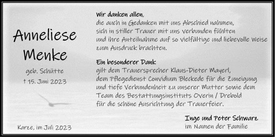 Anzeige von Anneliese Menke von LZ